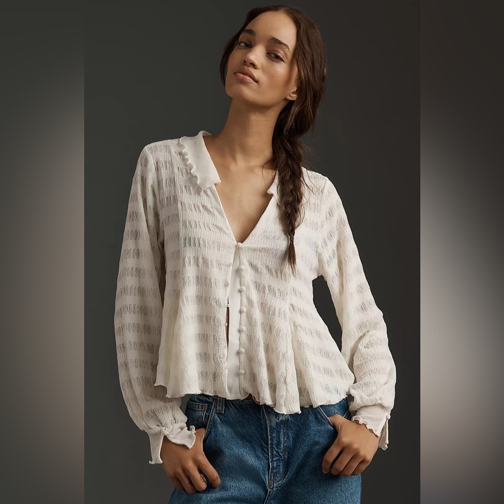 NWOT Anthropologie Long-Sleeve Button-Front Textured Blouse
